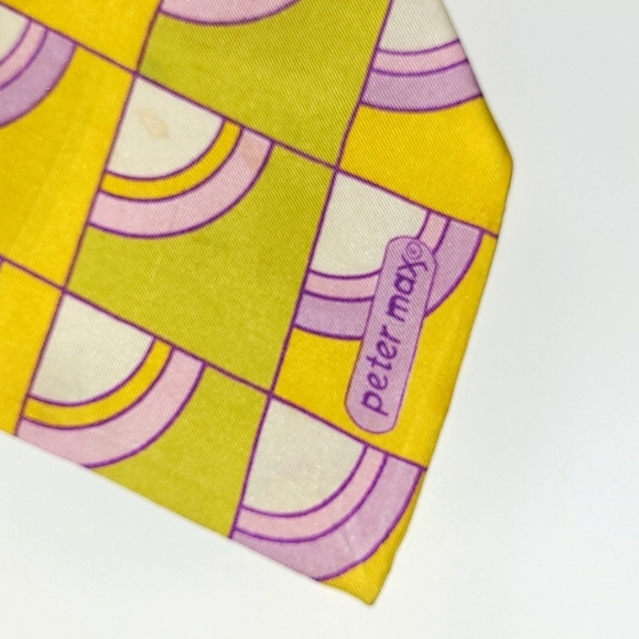 Peter Max Silk Tie Yellow Chartreuse Pink Geometric Shapes Vintage Rare Retro - Picture 5 of 10